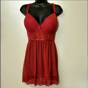 Daisy Fuentes red lace push up sexy baby doll negligee thong panty set 1X NWT